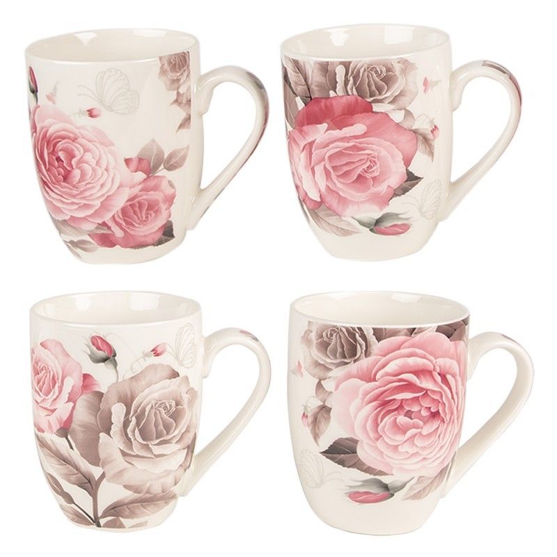 Set 4ks bílo-růžový porcelánový hrnek s růžemi Rose - 8*10 cm / 0,3L  Clayre & Eef - LaHome - vintage dekorace