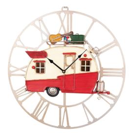 Bílé antik nástěnné kovové hodiny s barevným karavanem - 48*4*50 cm / 1*AA Clayre & Eef