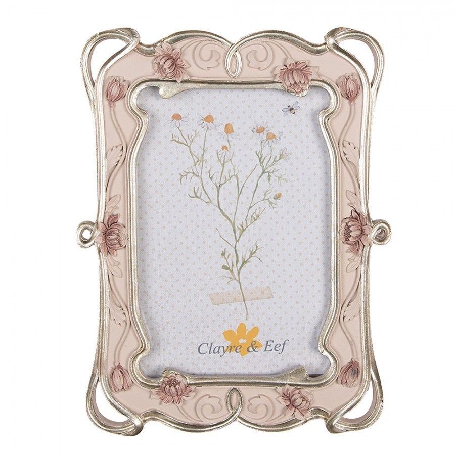 Pastelově růžový fotorámeček se zdobením a květy - 16*2*21 cm / 10*15 cm Clayre & Eef - LaHome - vintage dekorace